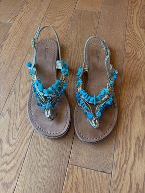 Zigi Soho Turquoise Beaded Toe-Post Slingback Sandals